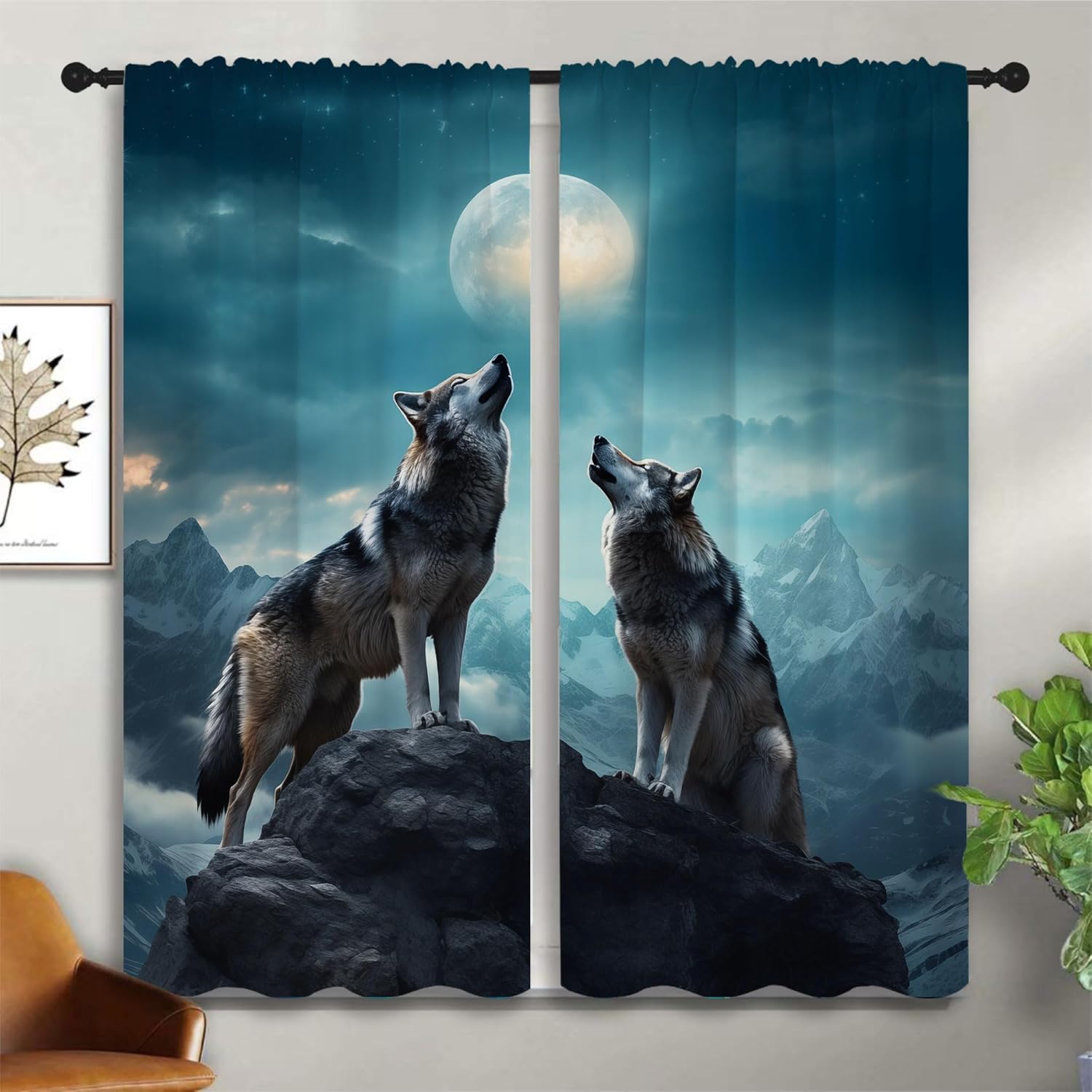 LHROOMJK Wild Wolf Rod Pocket Blackout Curtains for Boy Girl Bedroom, Forest Wild Animal Howling at The Moon Home Energy Efficient Light Filtering Window Curtain for Living Room, 42x63 inch