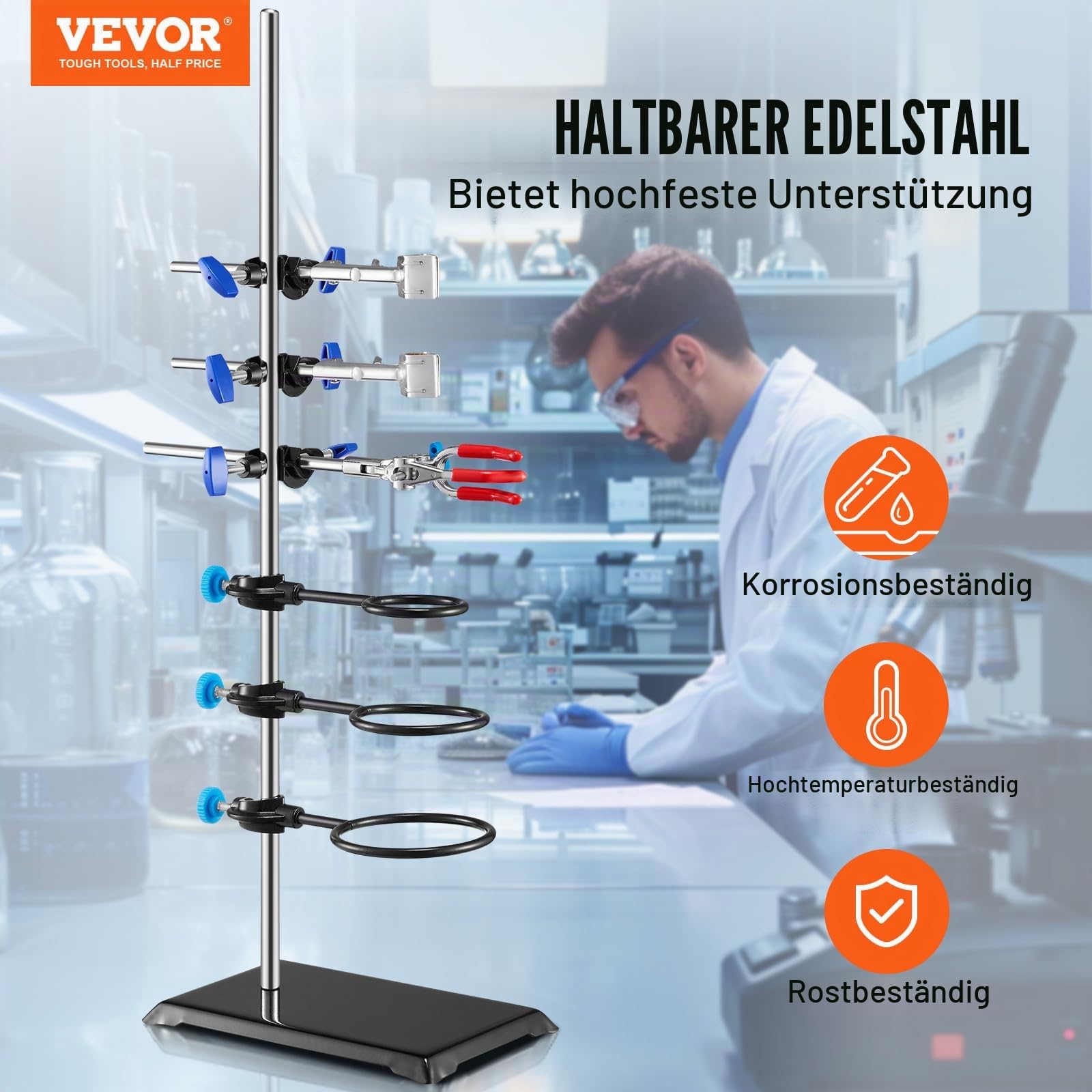 VEVOR Laborständer-Unterstützung, Labor-Retorten-Stützständer 1 Satz, Laborständer aus Stahl mit 60 cm Stab & 210,82 x 135 mm Gusseisenbasis, inkl. Kolbenklemmen, Bürettenklemmen und Kreuzklemmen