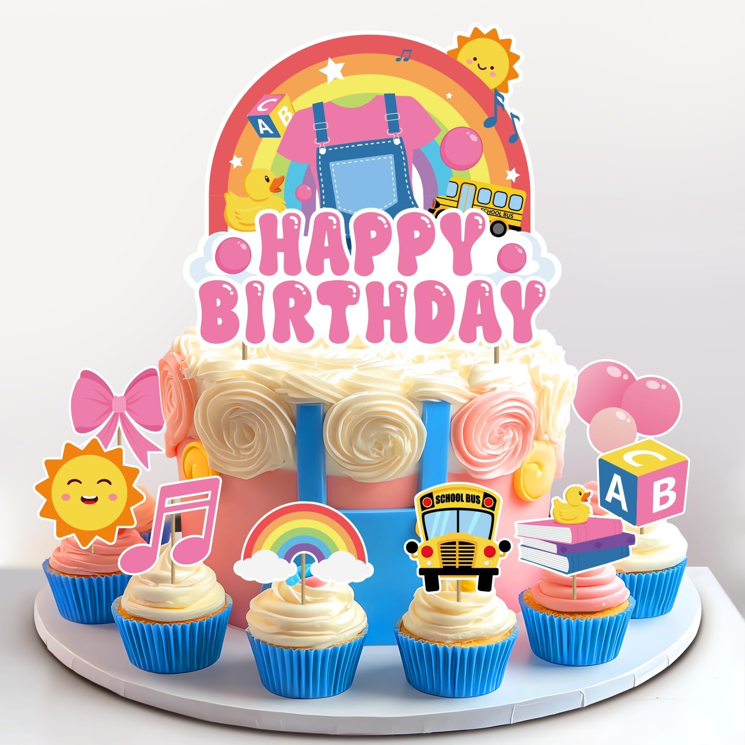 Nymora 9PCS Girls Happy Birthday Cupcake&Cake Topper Picks-Cartoon Teacher Party Decorations with Rainbow ABC Bus for Pink Themed Party and Birthday Baby Shower Party Supplies — image 1