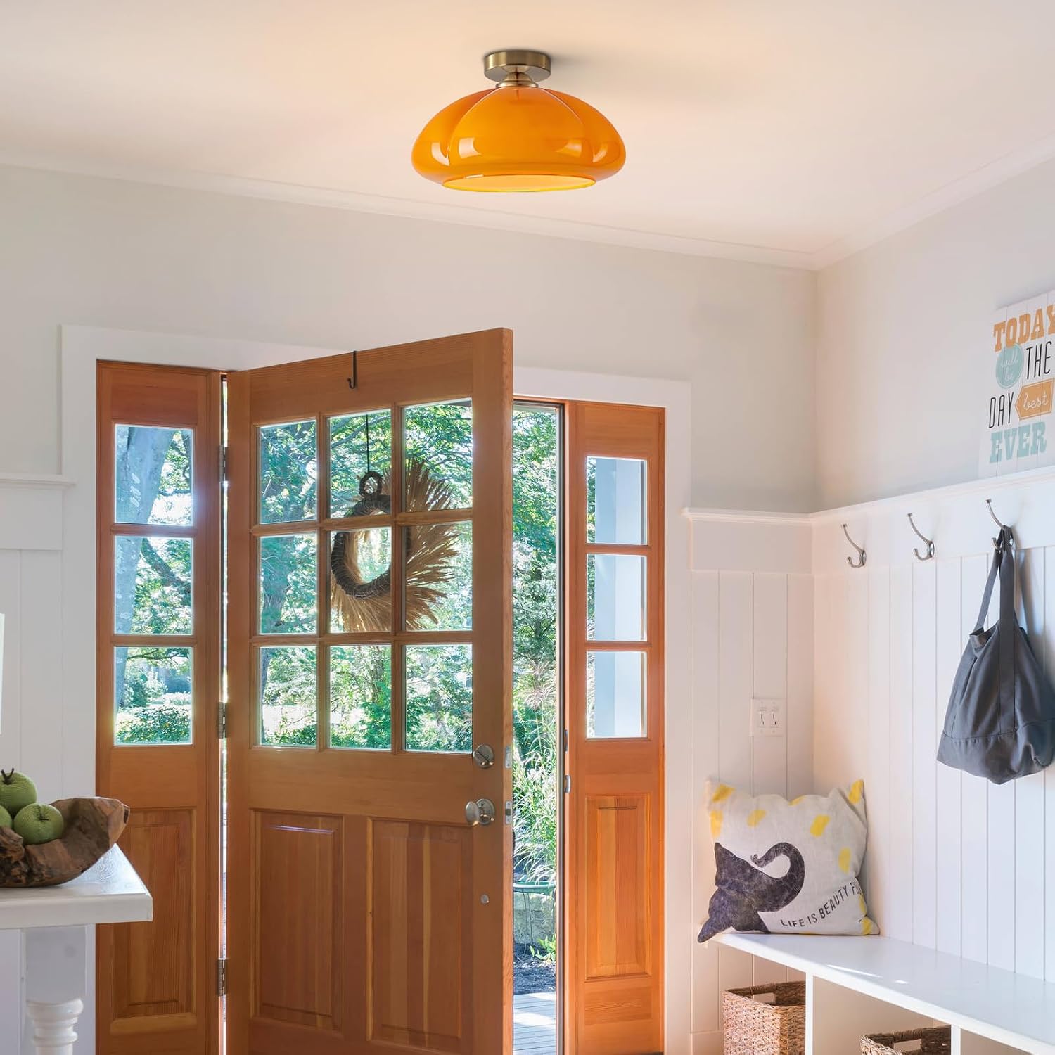 Mid Century Orange Glass Semi Flush Mount Ceiling Light Gold Dome Ceiling Lights Large Vintage Kitchen Ceiling Light Brass Globe Ceiling Lamp for Hallway Bathroom
