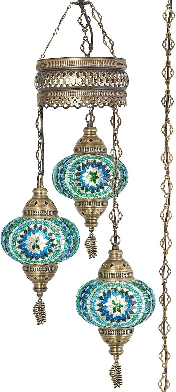 DEMMEX 3-Large 7'' Globes Turkish Moroccan Mosaic Plug-in Chandelier - Handmade Pendant Light Fixture with 15-ft Cord & Chain, Decorative Bohemian Hanging Ceiling Lamp for Living Room, Bedroom, 3.5 ft