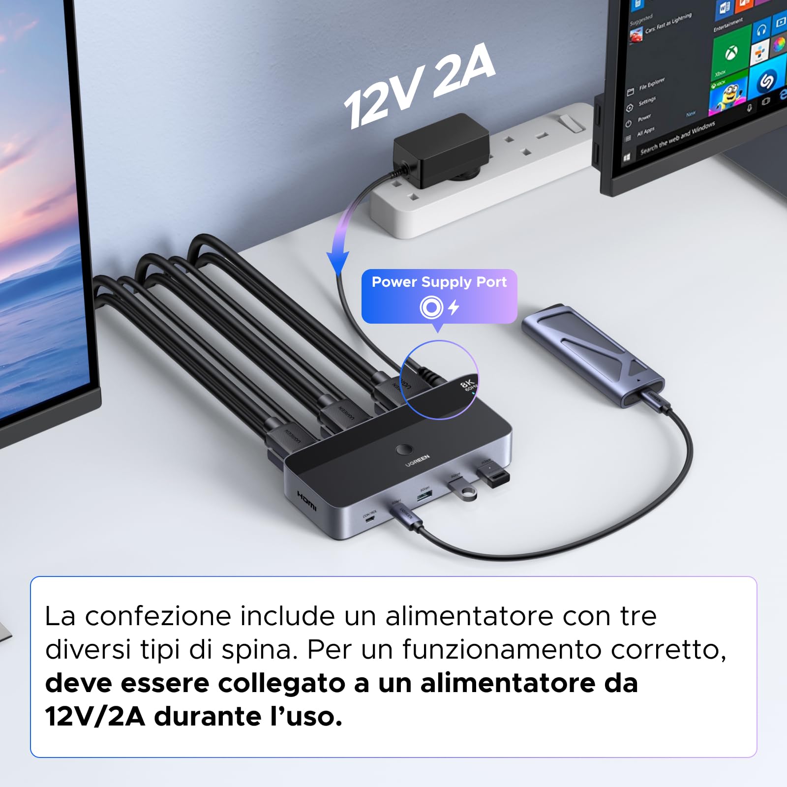 UGREEN Switch HDMI KVM 2 Ingressi 2 Uscite 8K 60Hz Doppio Display Commutatore KVM con 4 Porte USB 3A1C 5Gbps per Tastiera Mouse e Disco Rigido Controller Desktop e Cavi HDMI 2.1 Inclusi