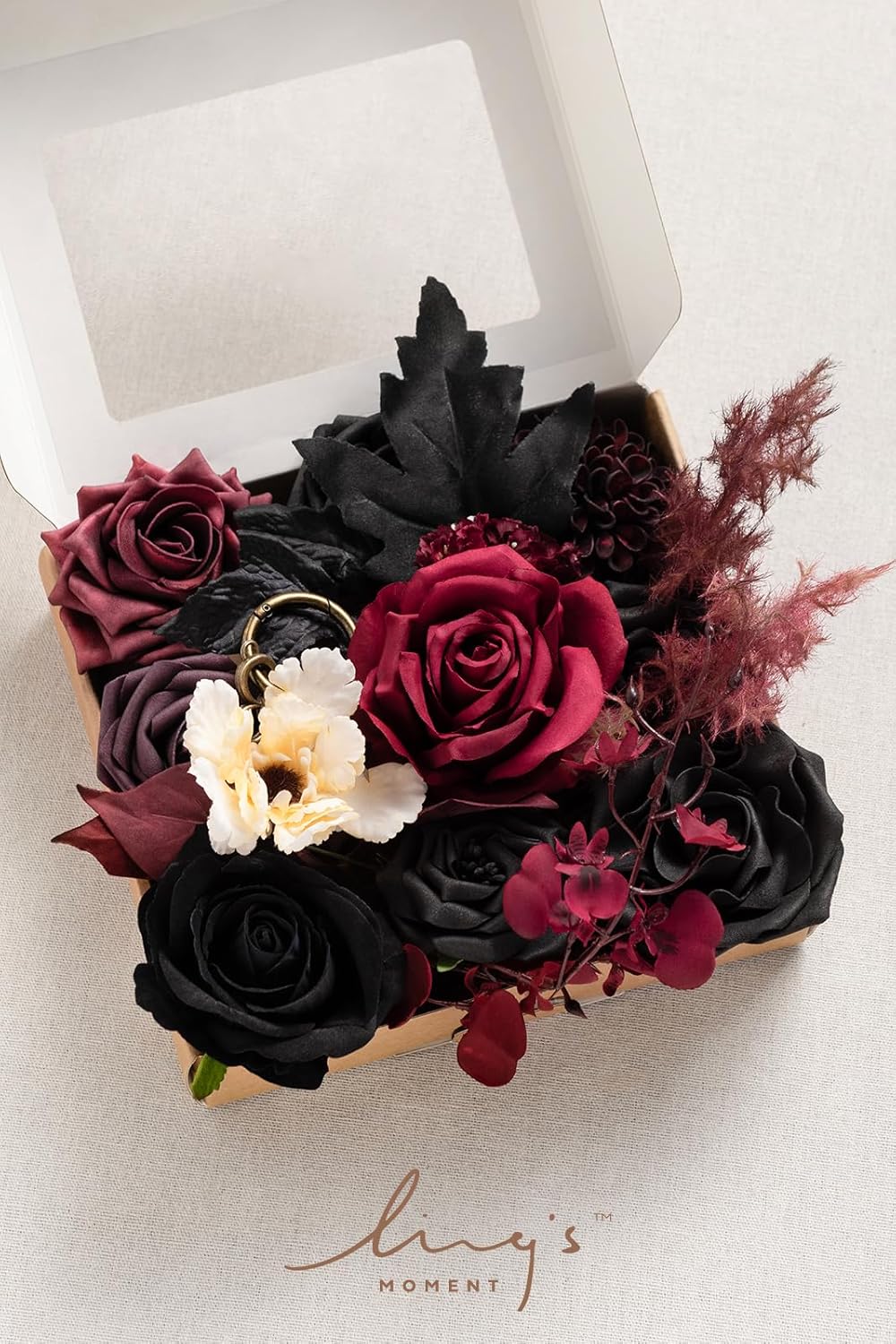 Ling's moment Fake Flowers Box, Faux Artificial Greenery Stems Foam Roses Dahlia Silk Maple Leaf Fabic Flower for Centerpieces Bouquet Wedding Vase Floral Decorations, Burgundy & Black, Mini Combo - Image 8