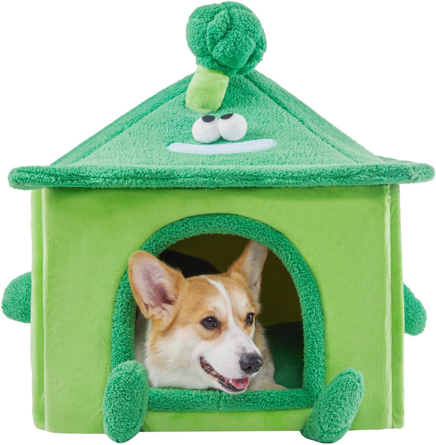 JiupetyCozy Small Dog House Indoor, Removable Warm Dog House Pet Sleeping Bed House with Broccoli Toy, L Size for Small Dog, Green.
