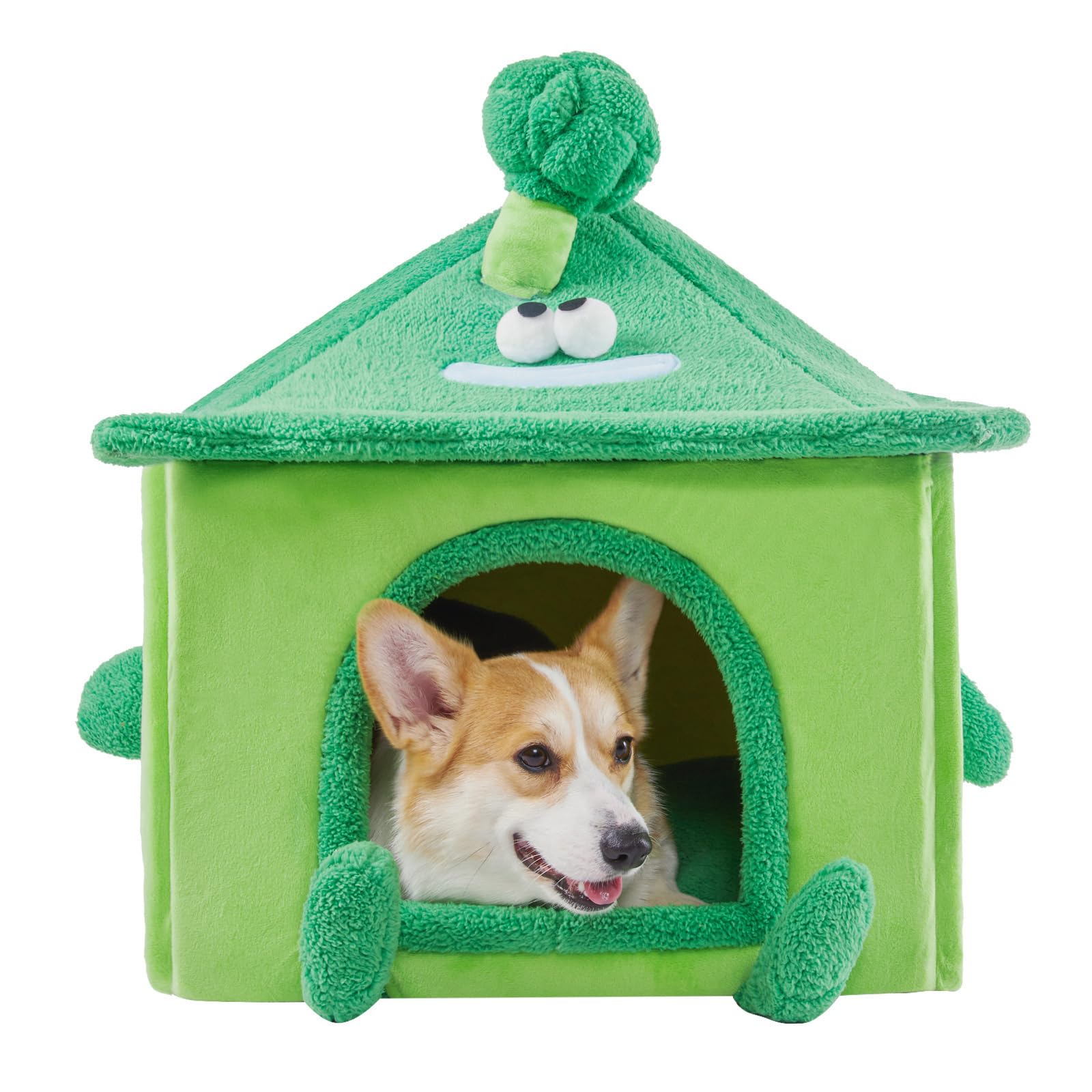 JiupetyCozy Small Dog House Indoor, Removable Warm Dog House Pet Sleeping Bed House with Broccoli Toy, L Size for Small Dog, Green.