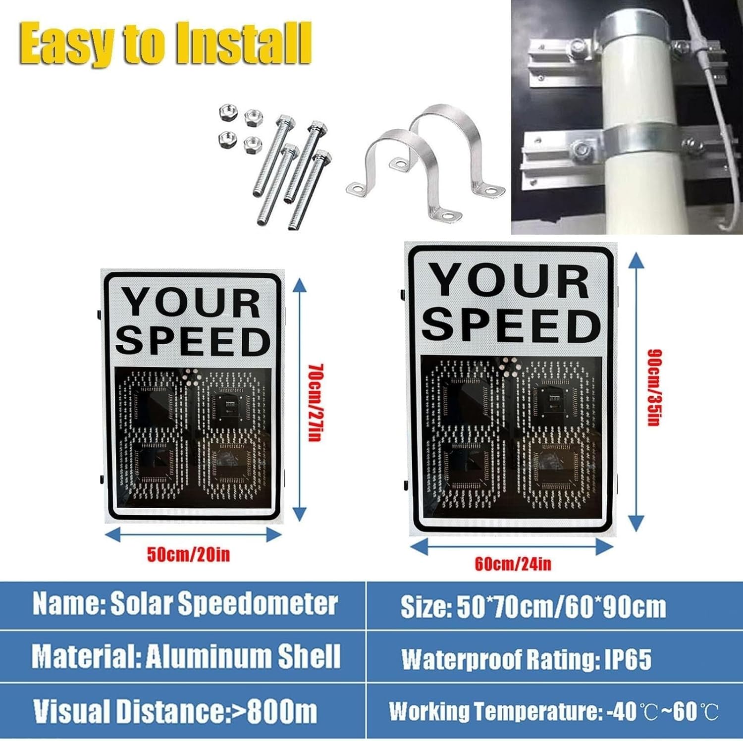 Solar Vehicle Radar Speed Limit Sign, Aluminum Road MPH Speed Warning Detection, Easy to Install with Accessories(Yellow,50 * 70cm)