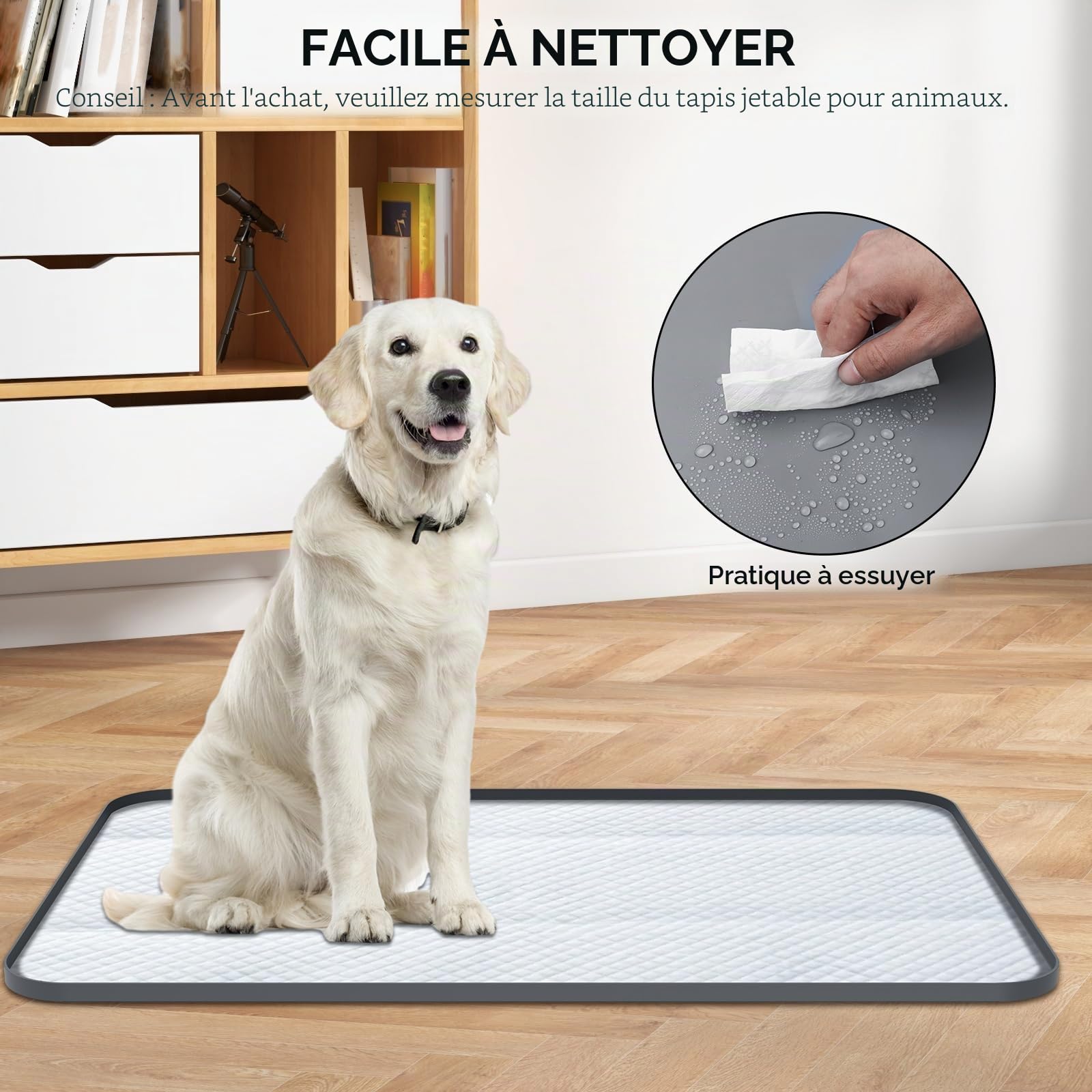 Tapis d'urine en silicone pour chiot, tapis étanche avec bord surélevé de 1,5 cm, plateau d'apprentissage de la propreté pour chiot de 92 x 64 cm, protecteur de sol antidérapant et lavable pour chiens