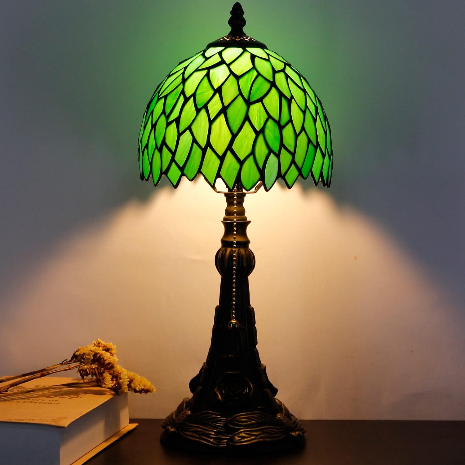 Small Tiffany Lamp Mini Stained Glass Desk Lamp Vintage Table Lamp Tiffany Style Night Light 8X17.5 Inch (Green Wisteria Leaves Style)