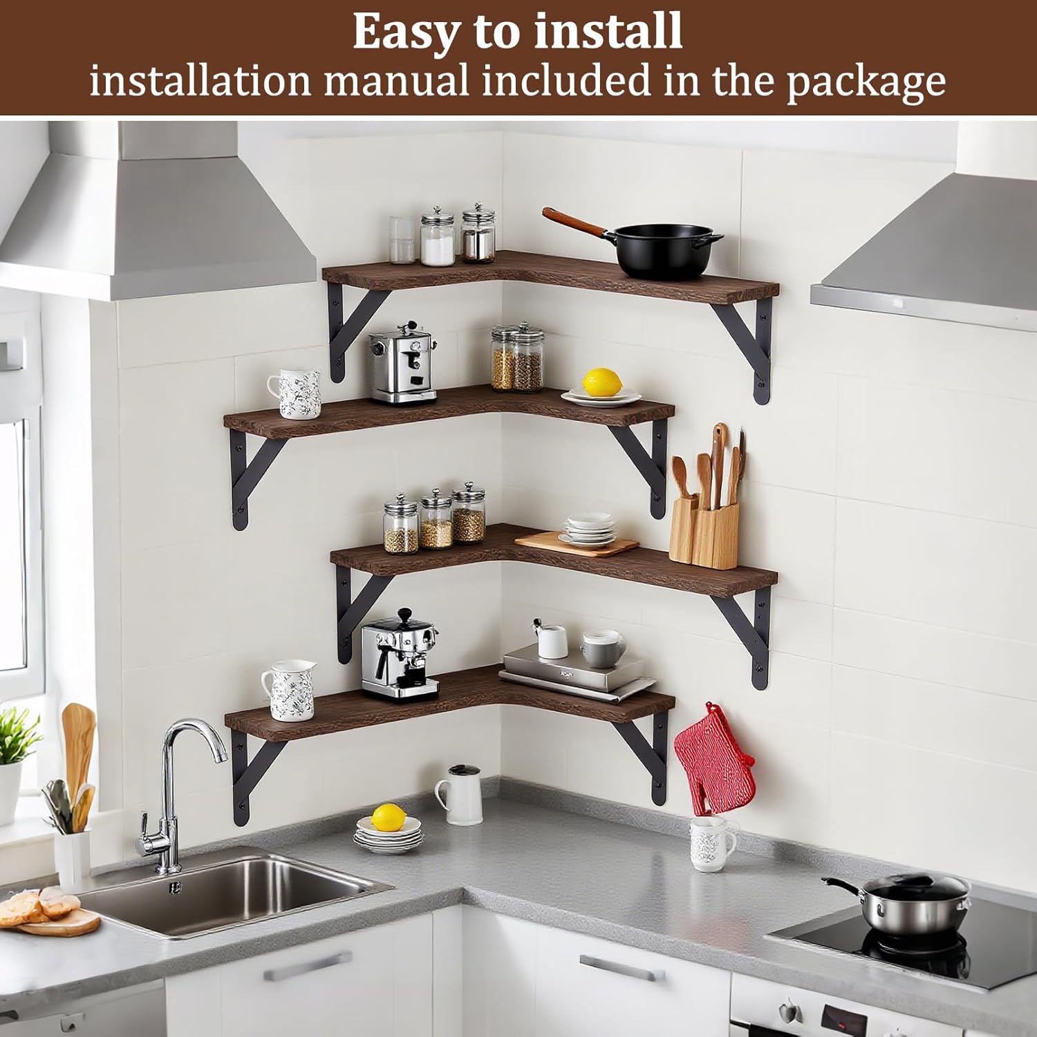 Corner Floating Shelves Set of 5, Rustic Wood Shelves for Home Decor, Wall Mounted Storage Corner Shelf for Bedroom Kitchen Living Room Bathroom Office, Dark Brown