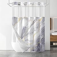 No Hook Grey Marble Shower Curtain with Snap-In Liner Set, Waterproof Fabric, Mesh Top Window, 71x74 Hotel Style Bathroom Decor
