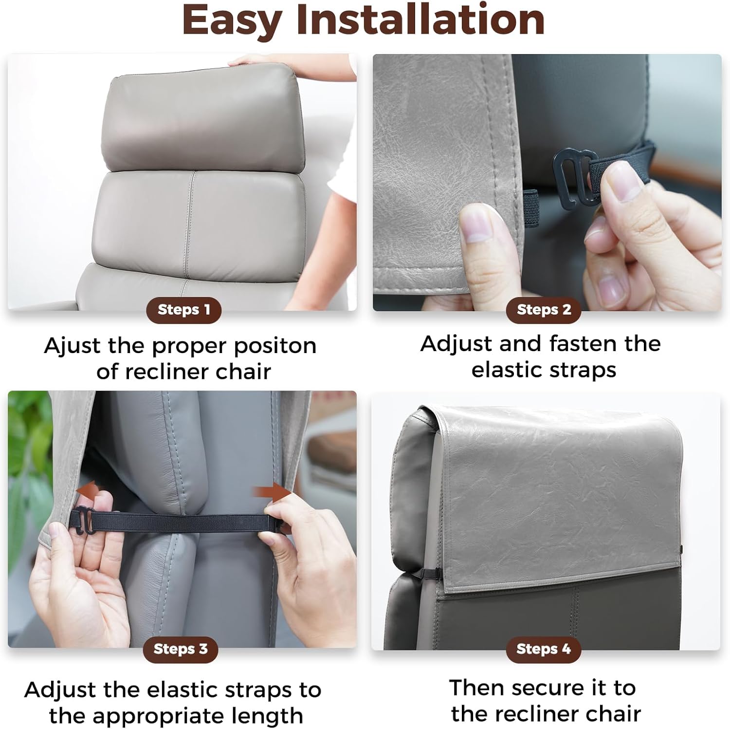 Headrest Cover for Recliner Chair Recliner Headrest Protector Faux Leather Headrest Cover with Elastic Straps Couch Headrest Cover for Furniture Sofa Protector 17 x 27In(Light Gray)