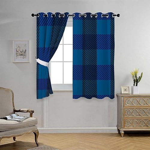Cortinas Blackout para Habitacion - Cortinas opacas para puerta corredera a cuadros azul oscuro, 63 pulgadas de ancho por 80 pulgadas de largo, 2