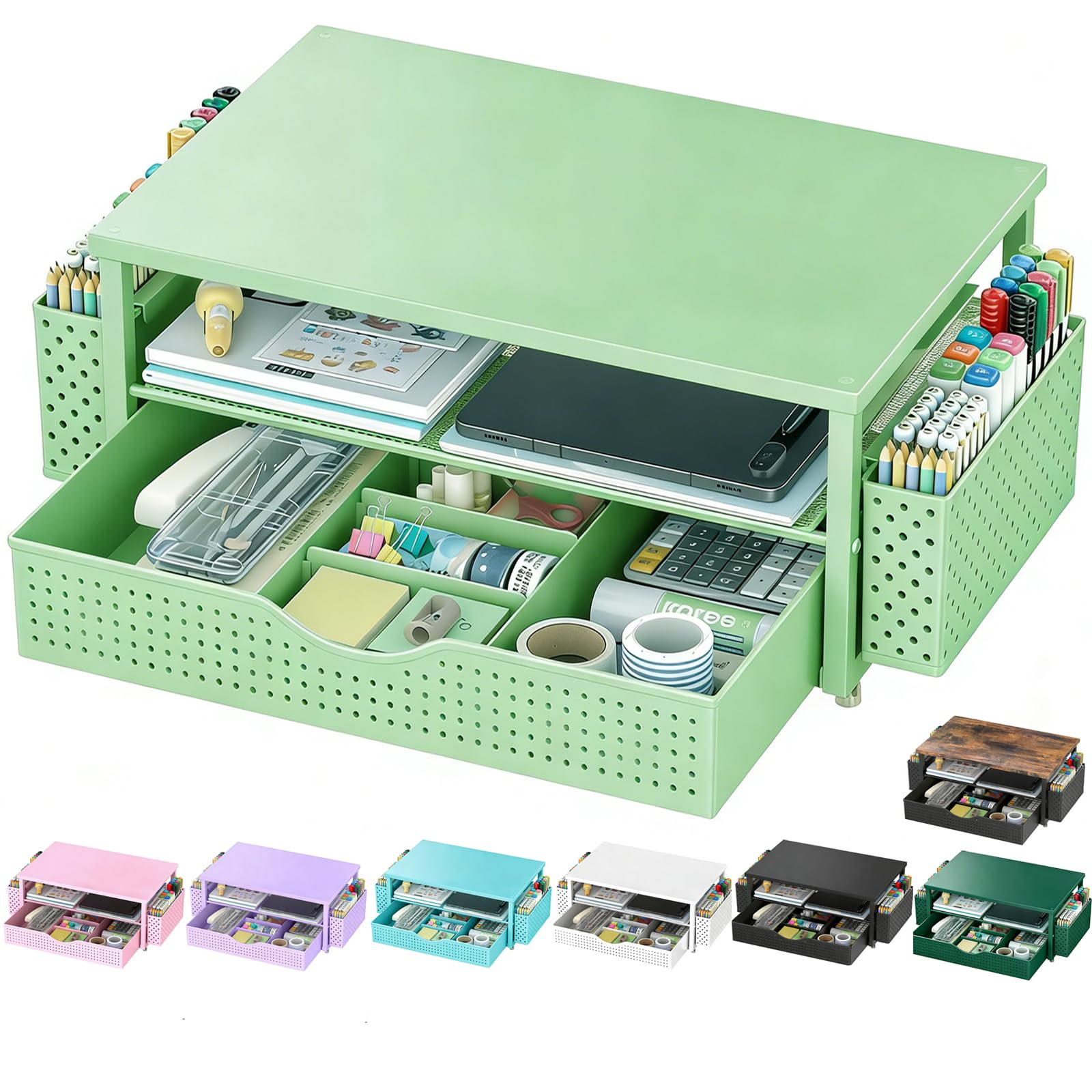 Spacrea Desk Organizer and Accessories, Computer Monitor Stand Riser with Drawer and 2 Pen Holders, Office Desk Accessories & Workspace Organizers for Office Supplies (Sage Green)
