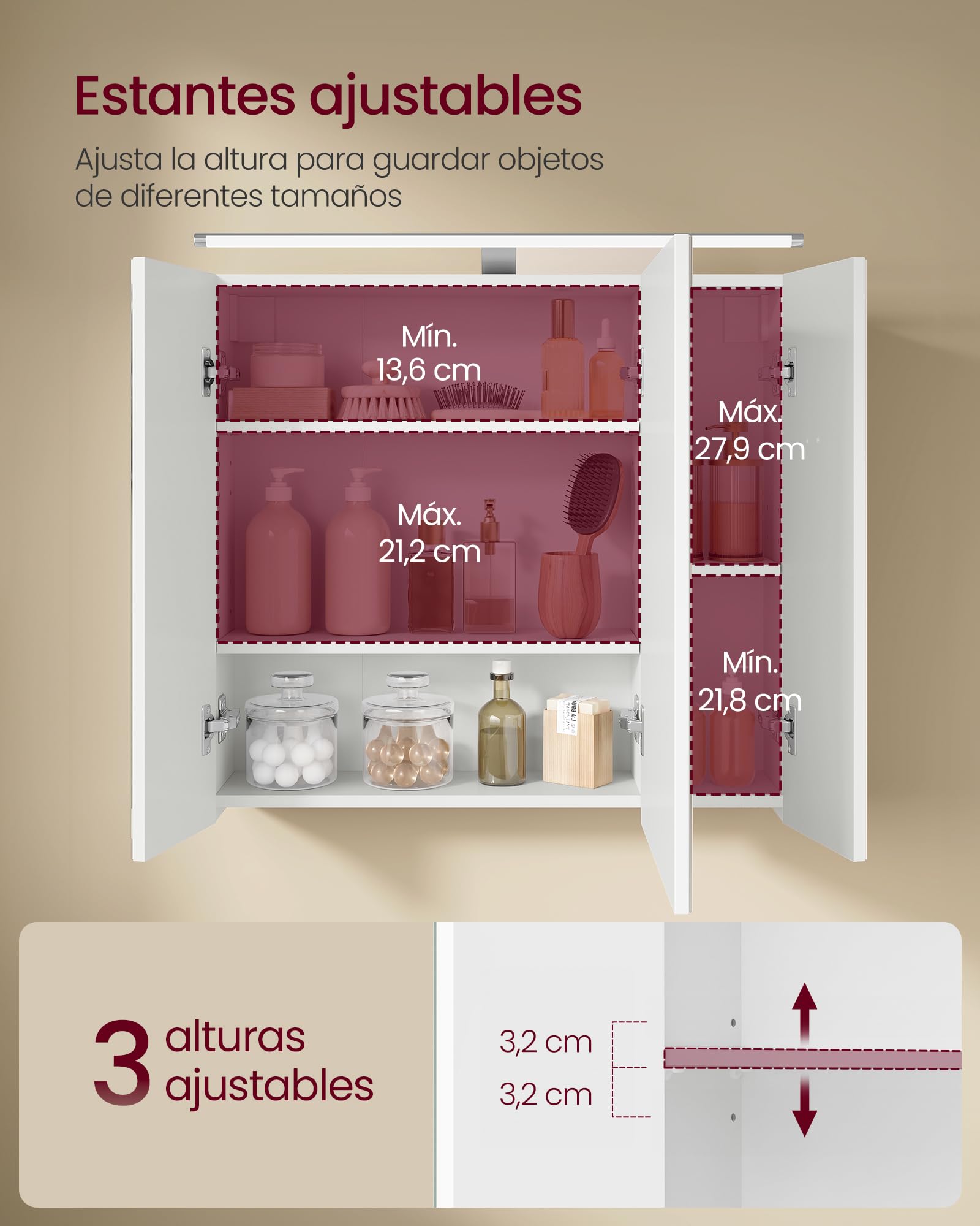 VASAGLE Kailyn Colección - Armario de Baño de Pared con 3 Puertas con Espejo e Iluminación, Estantes Ajustables, Estilo Moderno, 15 x 60 x 55 cm, Blanco Nube BBK138WB01
