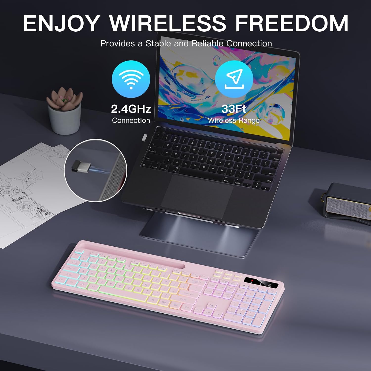 Soueto Wireless Keyboard with 7-Color RGB Backlit, Full-Size Computer Keyboard with Phone Tablet Holder, 2.4G Rechargeable Gaming Keyboard with Light Up Keys, Compatible with Mac, Windows (Pink)