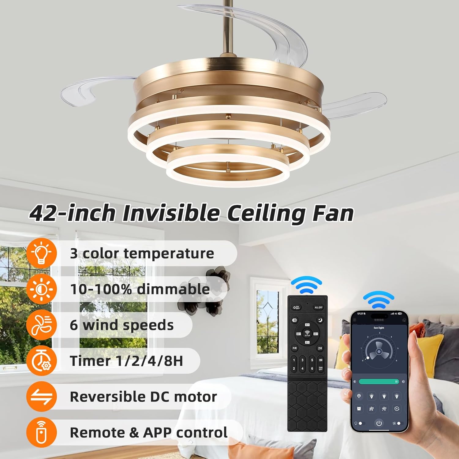42 inch retractable ceiling fan with lights,6 speeds,reversible,dimmable,silent dc motor,modern ceiling fan with light gold chandelier for bedroom living room kitchen gold 42 inch