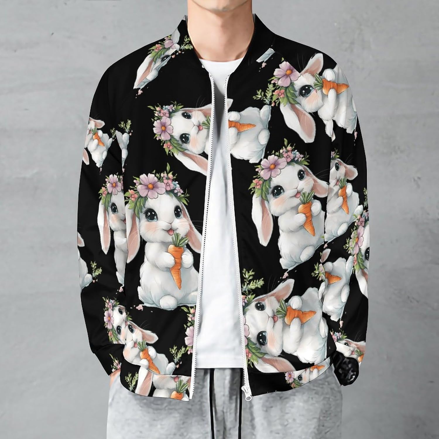 Funny Rabbitees Men's Zip Up Sweatshirt Casual Sweater Jackets Long Sleeve Tops Lightweight Coat