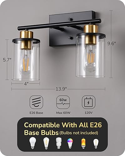 Miniatura 6 de EDISHINE Lámparas de baño, 2 luces modernas de tocador de baño sobre espejo, lámpara de pared de baño con pantalla de vidrio transparente para
