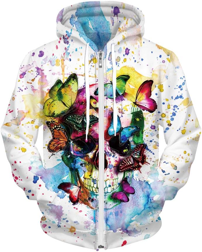 HIDRRU Zipper Hooded Sweater Halloween Skull Watercolor Digital Printing Zip Hooded Sweater Men and Women, M
