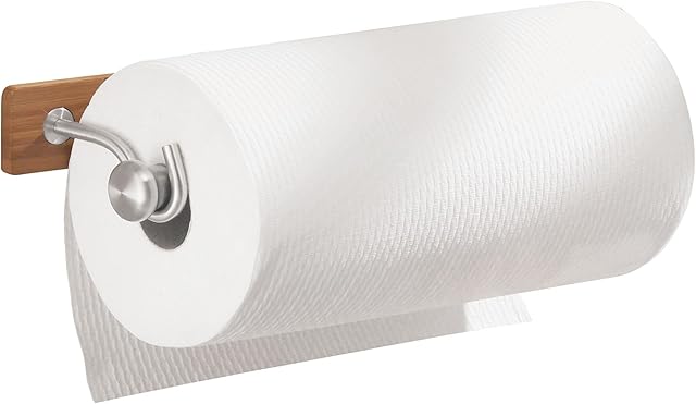 iDesign 37370 Kitchen Roll Holder Wall Mounted, Bamboo and Stainless Steel Paper Towel Holder, Practical Kitchen Organiser, Light Brown/Matte Silver