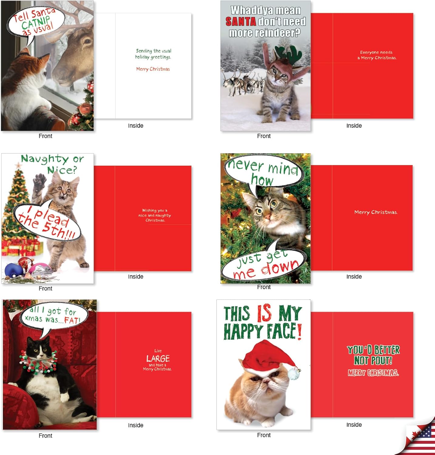 NobleWorks 20 Assorted Box Set Funny Christmas Greeting Cards w/5 x 7 Inch Envelopes (20 Designs, 1 Each) Christmas Kitties Collection AC6668XSG-B1x20