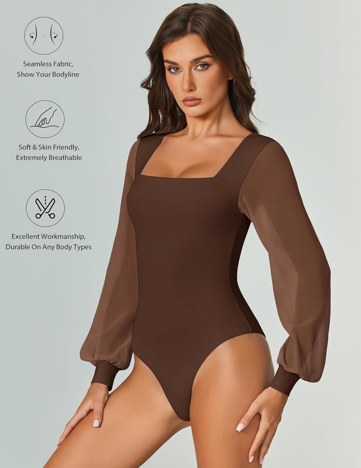 Avidlove Women Puff Long Sleeve Bodysuit Mesh Square Neck Thong Sexy Body Suits Double Lined Leotards - Image 4