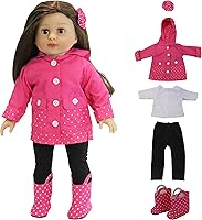 Vista 1 de American Fashion World Impermeable de lunares rosa para muñecas de 18 pulgadas Juego de 5 piezas Calidad premium y diseño moderno Ropa