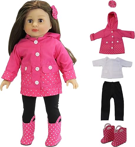 American Fashion World Impermeable de lunares rosa para muñecas de 18 pulgadas  Juego de 5 piezas  Calidad premium y diseño moderno  Ropa de muñecas