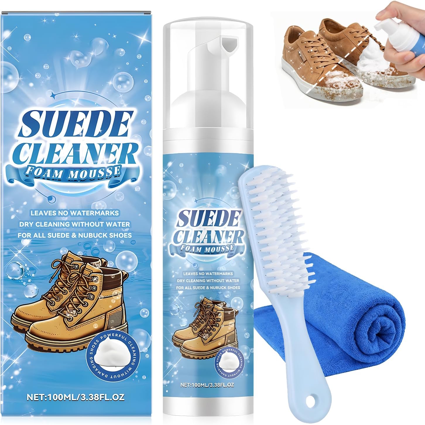 Suede Cleaner Kit 200ml for Shoes and Trainers, No Rinse Foam White Trainer Cleaner with Brush and Microfibre Towel, Suede Trainer Cleaner for Nubuck, Leather, Canvas and Knit