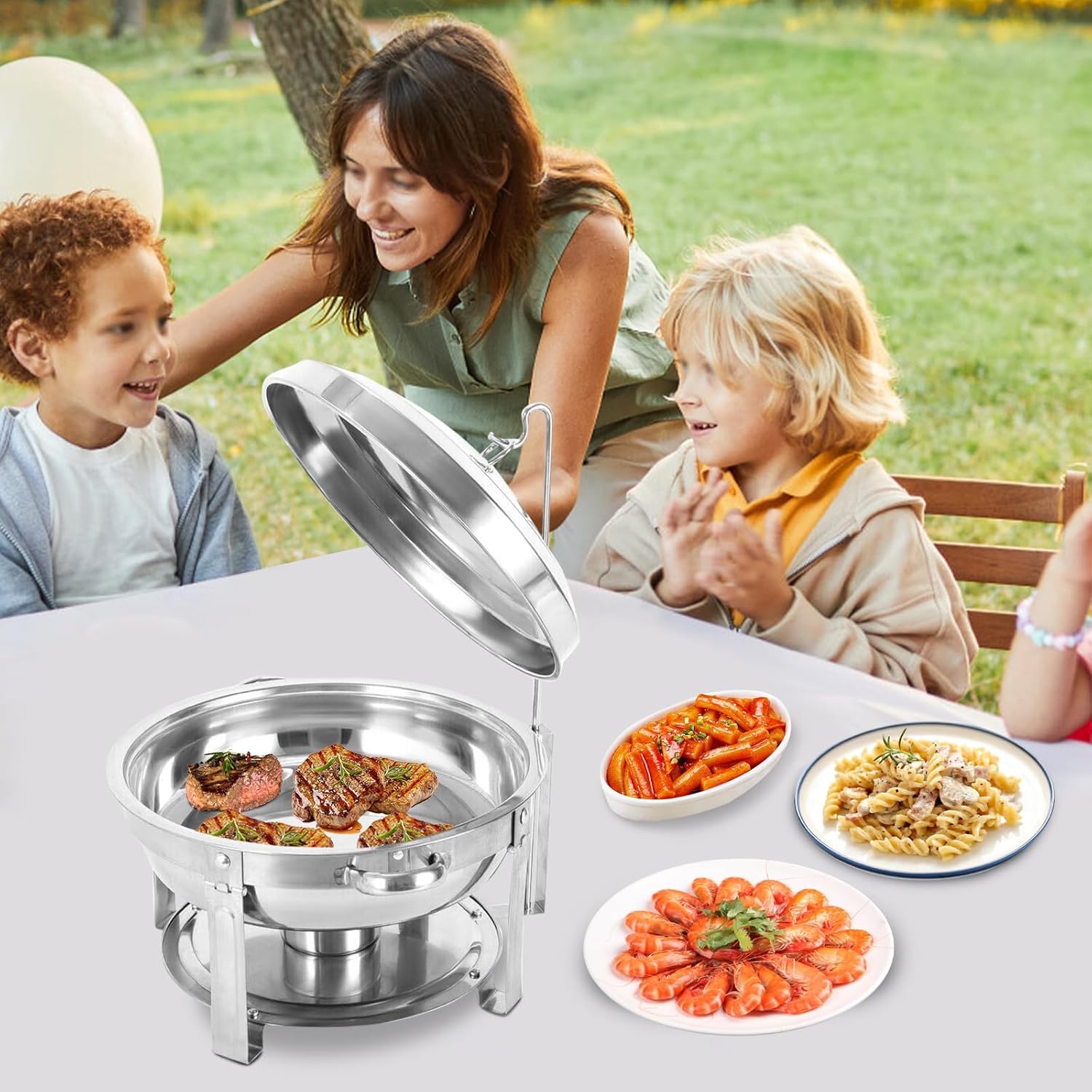 Set di 4 scaldavivande per Buffet, Acciaio Inossidabile Rotondo Buffet Chafing Piatto Vetro, con Coperchi Pentole per Servire per Catering Ristoranti Feste Matrimoni