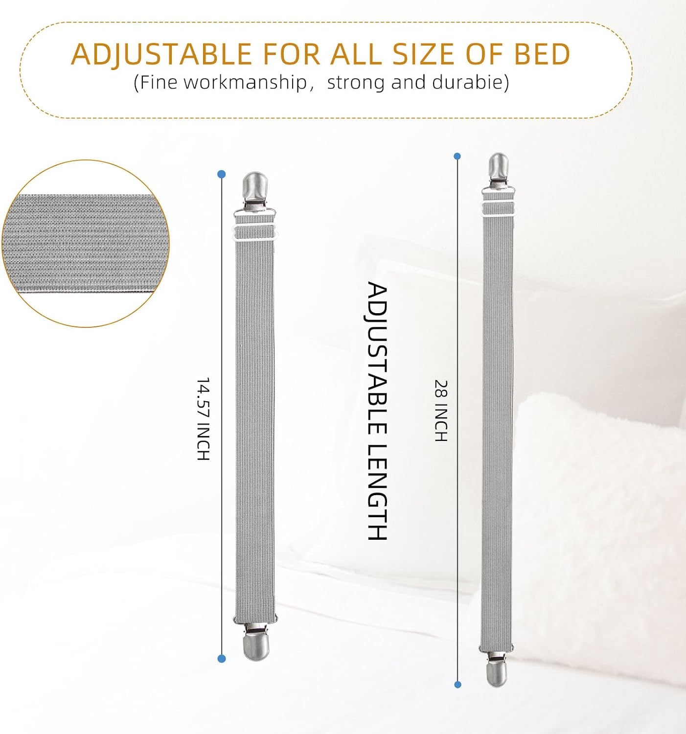 8Pcs Adjustable Bed Sheet Straps Clips, Elastic Mattress Sheet Fasteners Holder and Suspenders, Grippers to Hold Sheet, Mattress, Sofa, Couch, Table Cloth, Ironing Board Cover(Grey)
