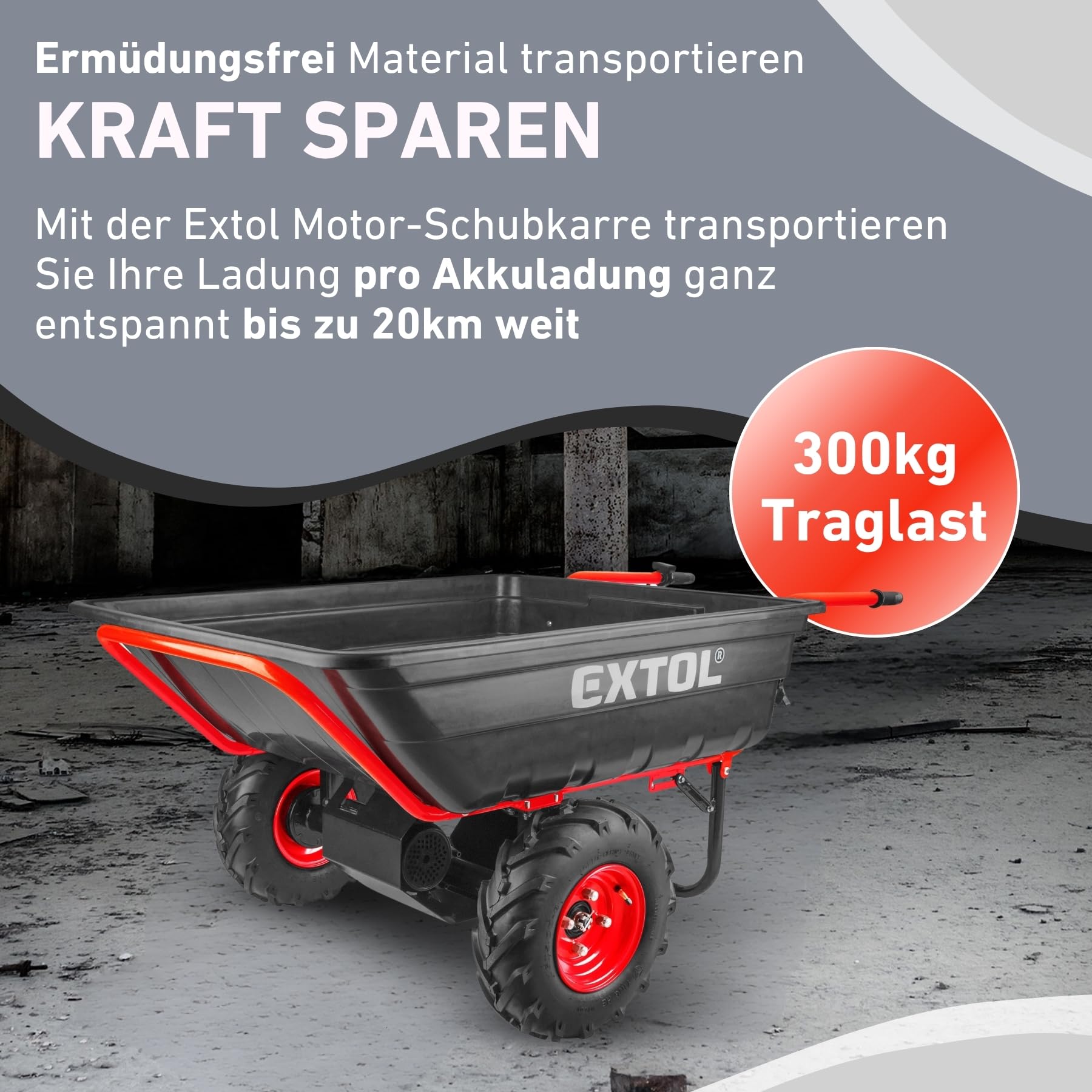 elektrische Schubkarre mit Akku I 300L Mulde & 300kg Traglast I leistungsfähige Motorschubkarre I Offroad-taugliche Akkuschubkarre I 40V Li-Ion mit 6000mAh