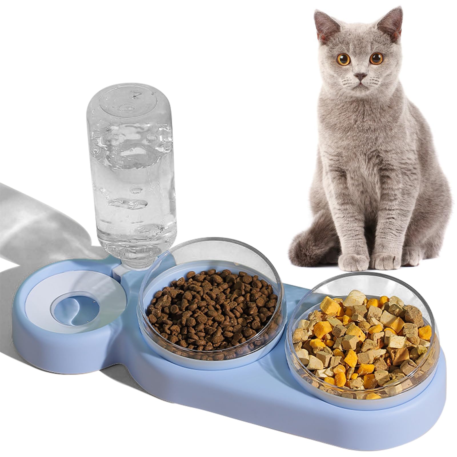 Set di ciotole per gatti 3 in 1, inclinabili a 15°, 3 in 1, ciotole per cibo doppio per gatti, con bottiglia erogatrice da 500 ml, per animali domestici di piccola e media taglia, leggere e