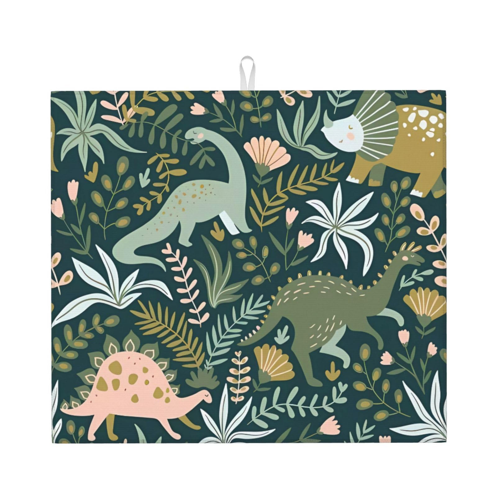 YYHWHJDE Cute Dinosaur Prints Kitchen Drying Mat – Absorbent Microfiber Throw for Dishes, Non-Slip Counter Cover, Quick-Dry Layer with Durable Construction