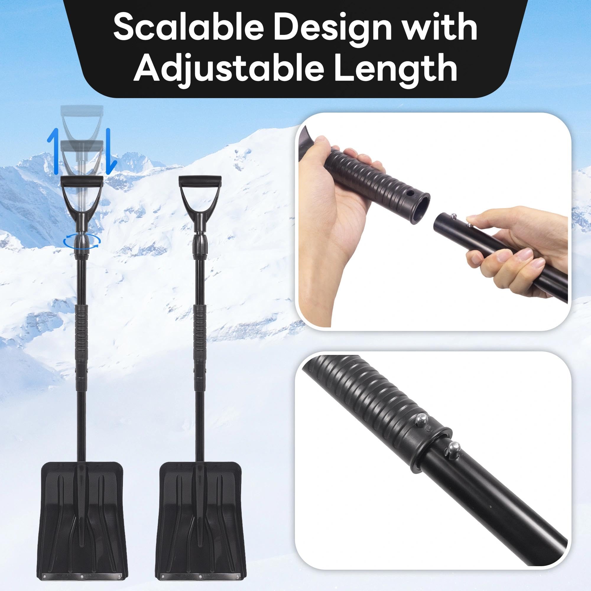 Deecam Pelle à neige extensible pour voiture, accessoires de voiture d'hiver et kits essentiels - Brosse à neige amovible avec tête rotative à 360° / pelle / grattoir à glace pour voitures, camions