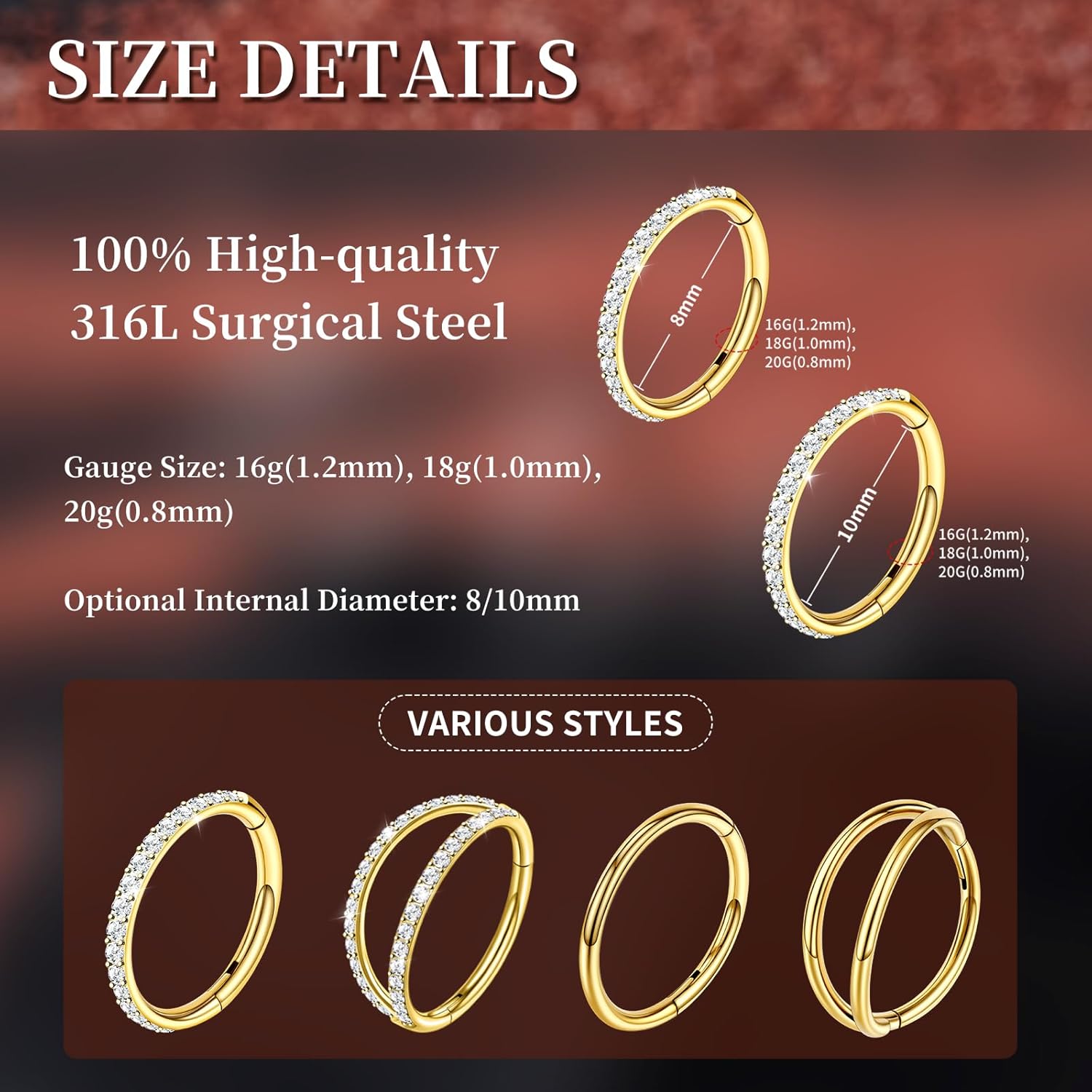 4 PCS 16G 18G 20G Nose Rings Hoops Stainless Steel Earrings Tragus Septum Piercing CZ Clicker Ring Hinged Segment Lip Double Hoops 8MM/10MM - Image 2