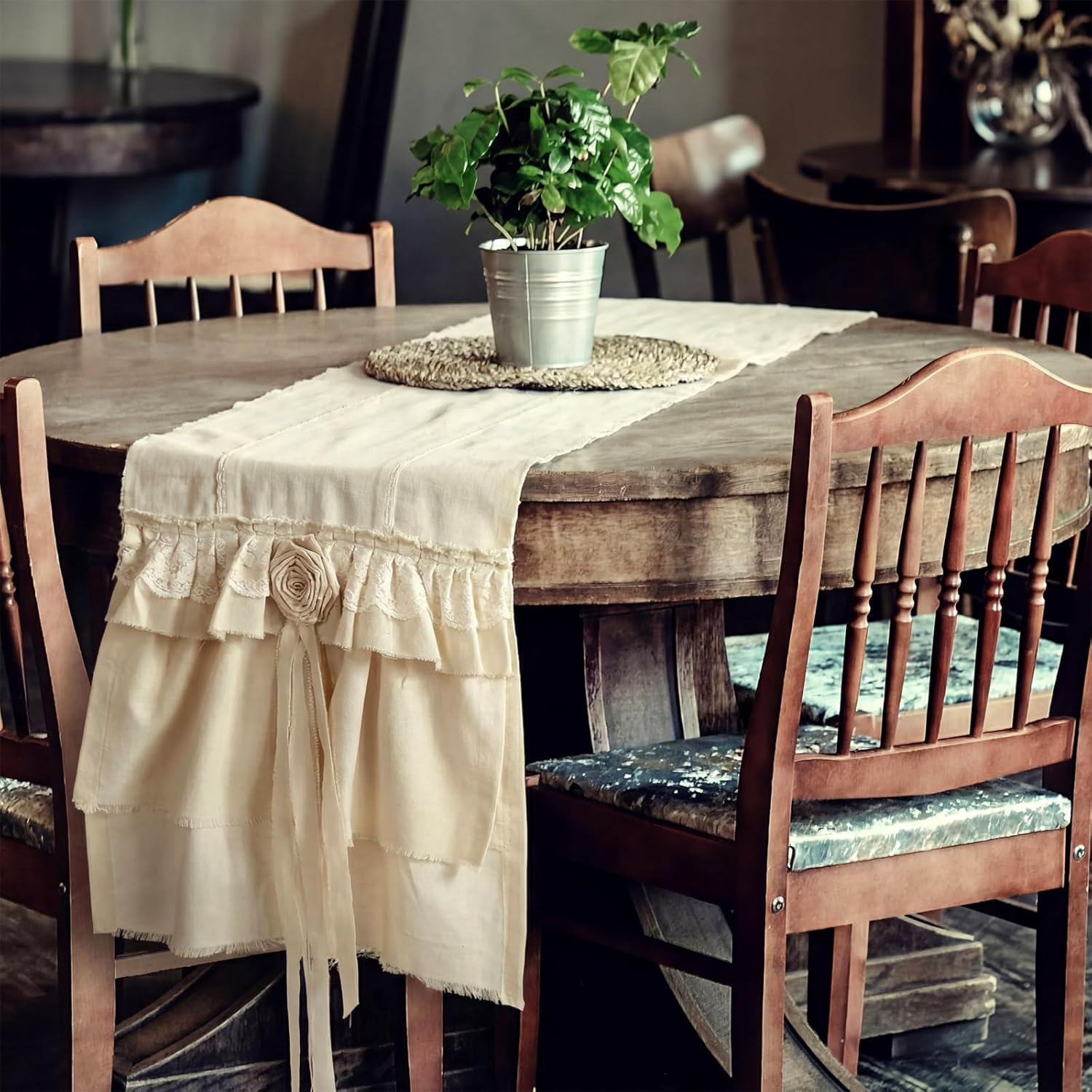 Tigeen Handmade Cotton French Country Table Runner, Multi-Ruffle Rustic Lace with Rosettes, Rustic Vintage Table Decor for Wedding Bridal Baby Shower Dining(Solid Color,12*90 Inch)