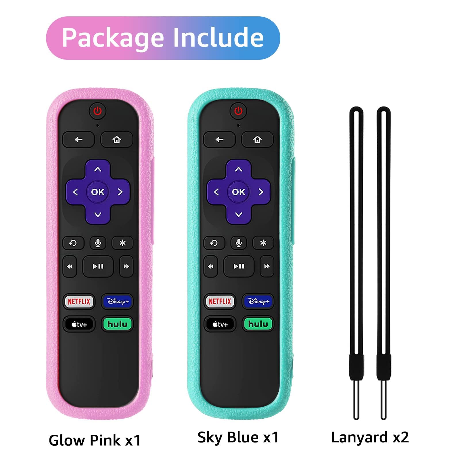 TCL | Hisense Roku Remote Case - Confezione da 2 cover in silicone per Roku Express 4K+ 2021 e Streaming Stick+ con cordini, rosa brillante e azzurro cielo