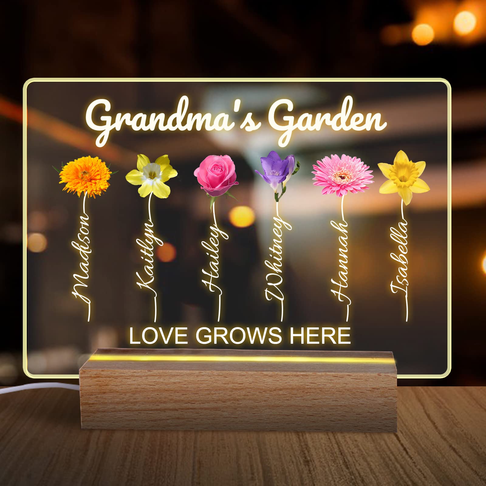 SHKINETARRY Personalized Grandma's Garden Acrylic Night Light Custom Birth Month Flowers Name Night Lamp Family Plaque Decoration Mother's Day Birthday Gifts for Mom Grandma Nana