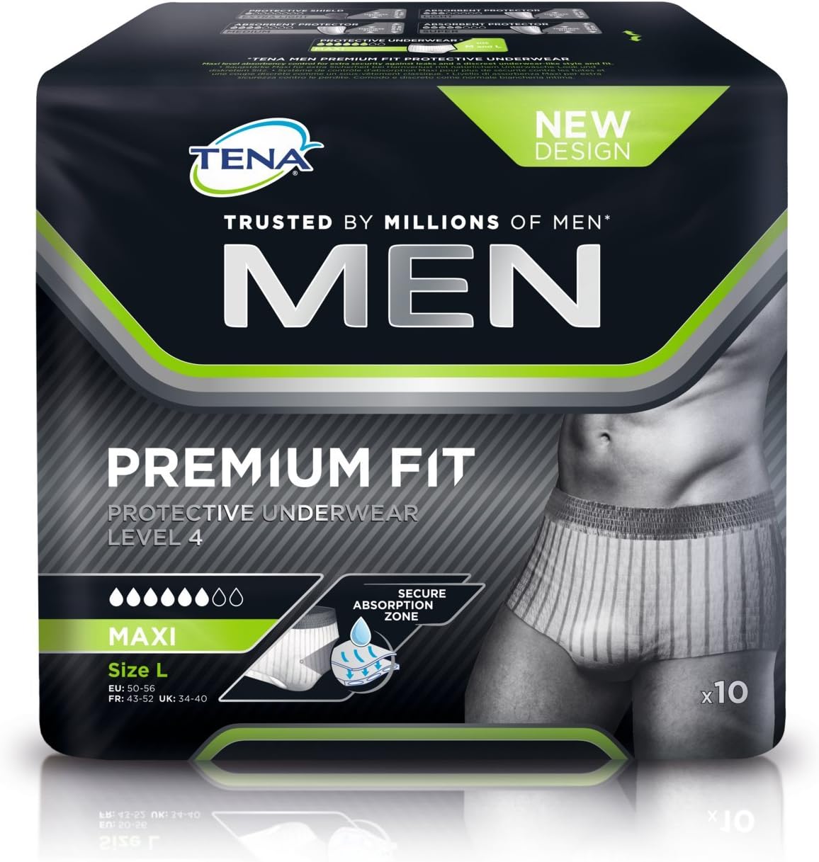 Tena Men Premium Fit Level 4 (Size L/XL) Protective Underwear - Pack of 8, Multi, 10 Units