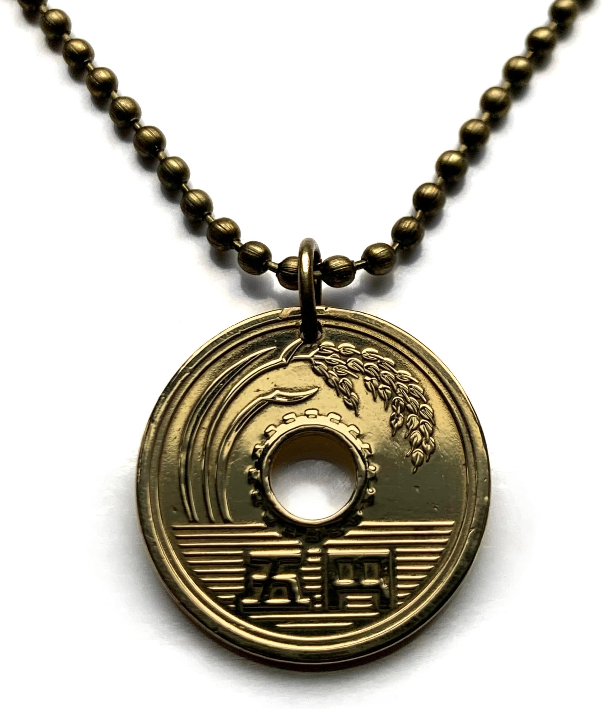 1972 Japan Nippon Nihon 5 Yen coin pendant Japanese jewelry rice stalk Tokyo Kobe Yokohama Osaka Nagoya Sapporo Kawasaki Kyoto Sendai Chiba Fukuoka Okinawa Sakai Niigata Shizuoka Kanto Kanji n000096