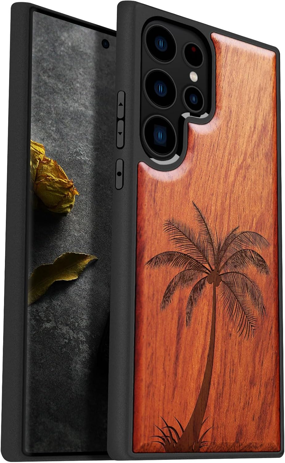 Carveit Wood Case for Galaxy S23 Ultra Case [Natural Wood & Black Soft TPU] Shockproof Protective Cover Unique Wooden Design Compatible with Samsung S23 Ultra (The Palm Tree-Rosy)