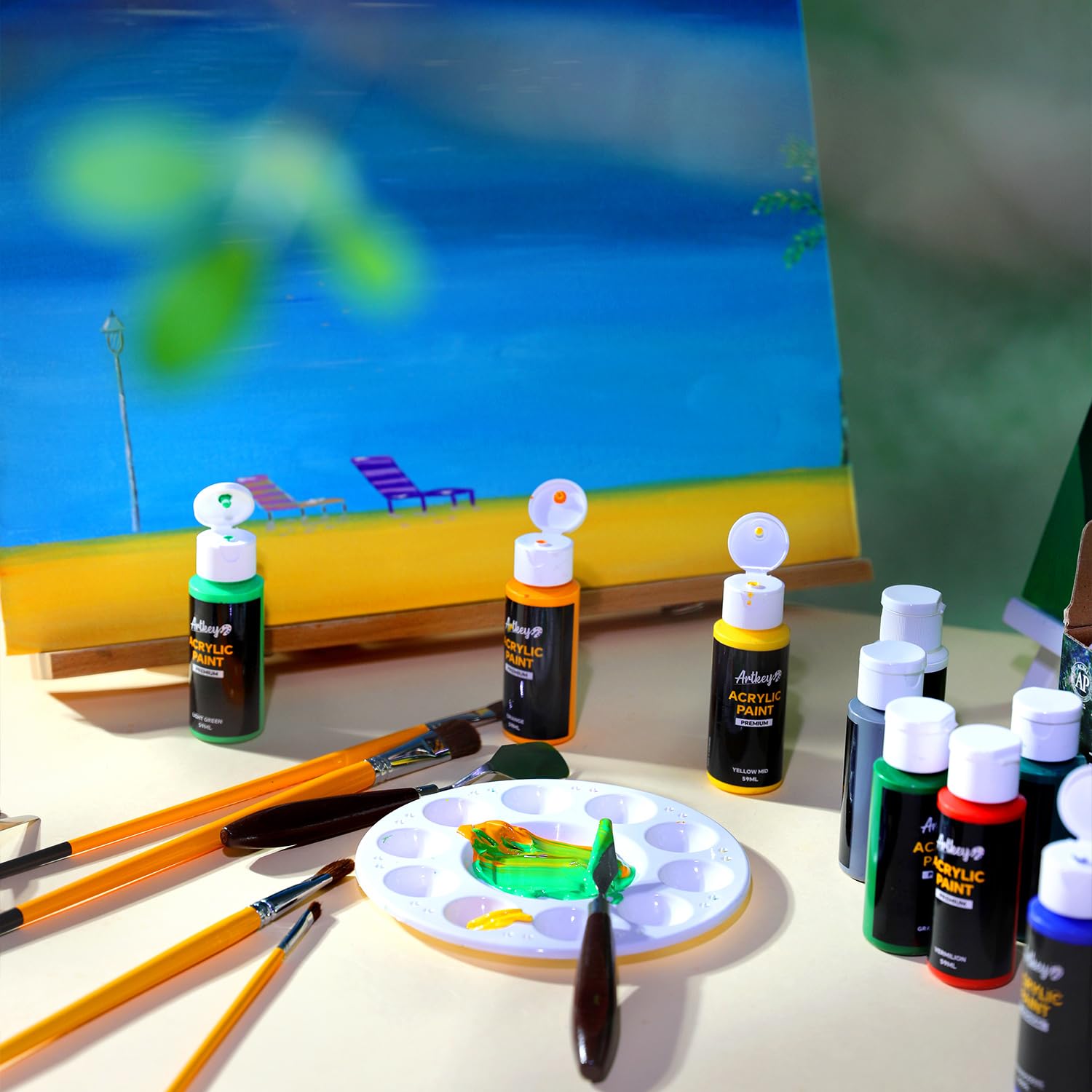 Artkey Acrylic Paint Set, 24 Colors 2 oz/59 ml Acrylic Paint Kit for Professional Artists & Beginners – Craft & Art Supplies for Canvas, Wood, Fabric, Rock, Leather, Ceramic, Glass, Easter Egg: Summer 16 Colors