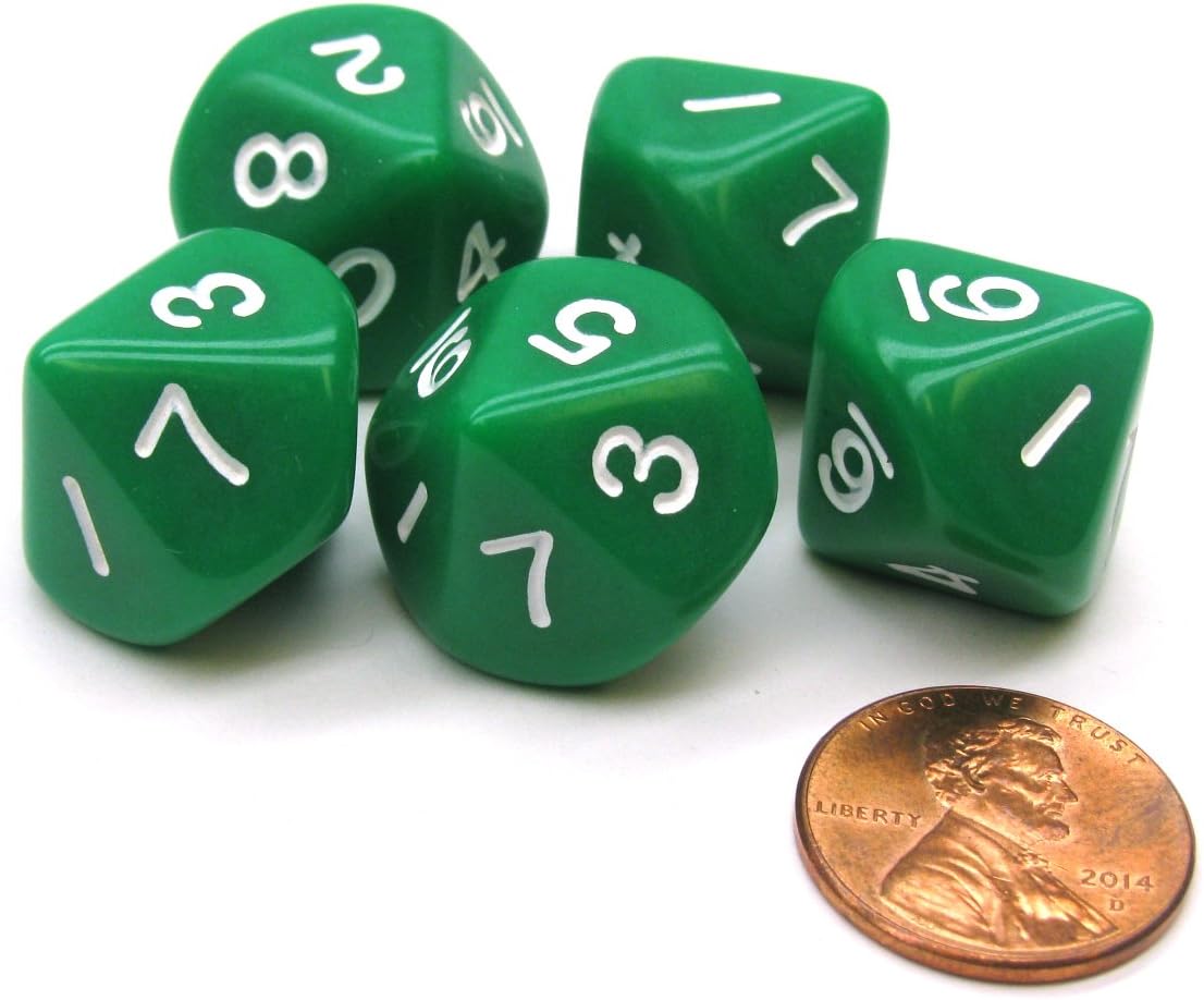 Set of 5 D10 10-Sided 20mm Opaque RPG Dice - Green with White Numbers