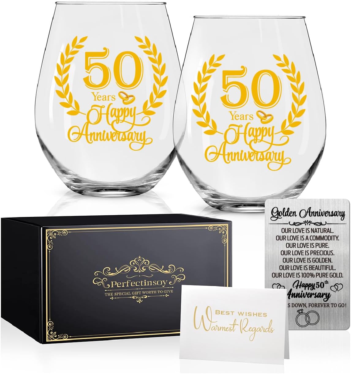 Perfectinsoy 50 Years Happy Anniversary Wine Glasses Set of 2 with Metallic Memorial Card, 50th Anniversary Birthday Gifts for Parents, Wife, Soulmate, Couple, Funny 50 Years Milestone Gift
