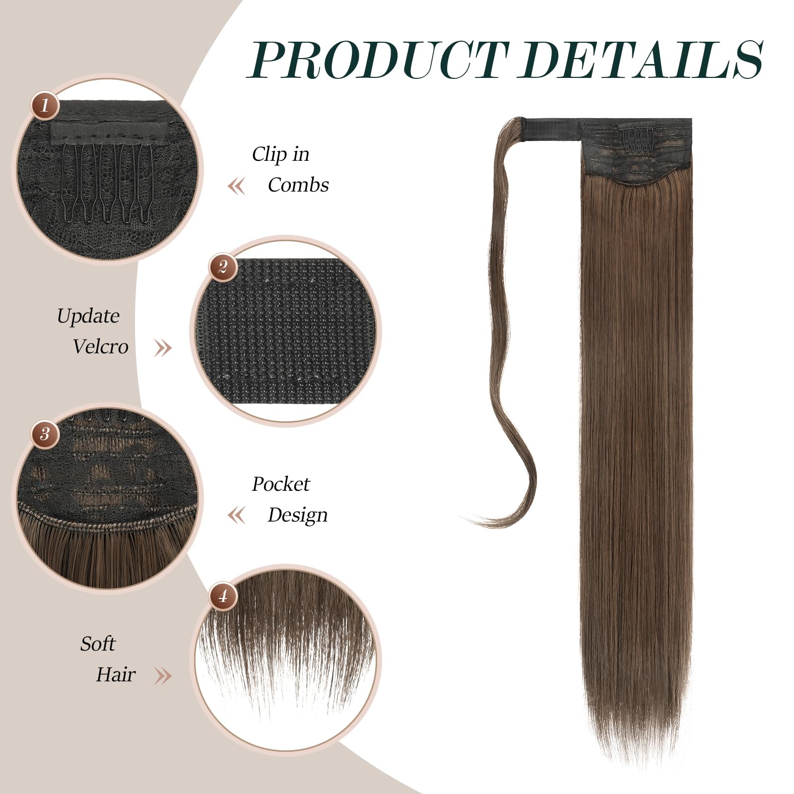 FESHFEN Postizos de Pelo 70 cm Largo Liso Cola de Caballo Extensiones Natural Sintética Ponytail Extensiones de Cabello Coleta Postizos para Mujeres, Castaño Chocolate