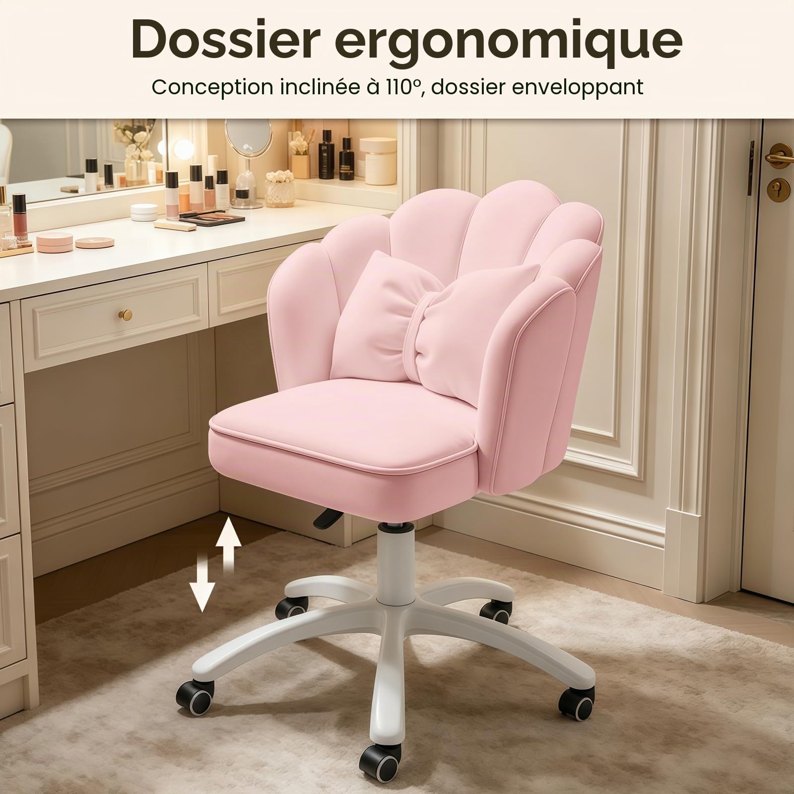 Fauteuil de Bureau Mignon 'Pétale'en Velours avec Coussin à Nœud,Chaise de Vanité Papillon pour Chambre à Coucher,Chaise de Travail avec Dossier pour Ordinateur(Rose)