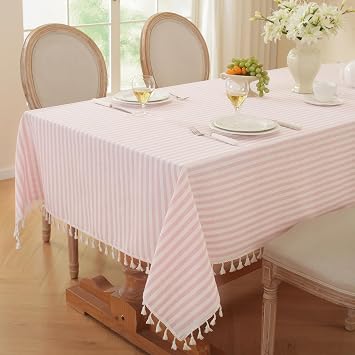 Laolitou Pink Striped Table Cloth Square Table Wrinkle Resistant Cotton Linen Tablecloth Washable Table Cover for Dining Kitchen,Pink and White,55"X55"