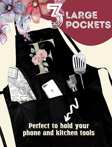 Miniatura 2 de Delantal negro con inicial para mujer con bolsillos, delantal de jardinería de cocina, regalos para ella, chef, mamá