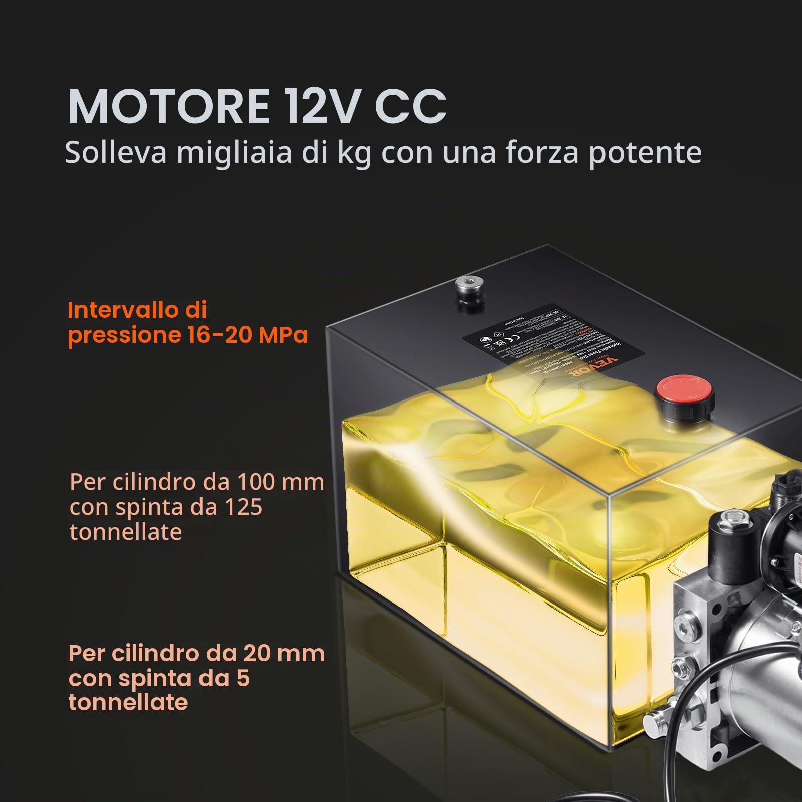 VEVOR Pompa Idraulica CC 12V Capienza ca. 4 L Centralina Idraulica ad Azione Singola Flusso d'Olio ca. 3,44 L/min Pressione Massima di 22 MPa, Pompa per Montacarichi Auto Camion Rimorchio da Garage